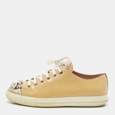 Pre-owned Miu Miu Beige Patent Leather Crystal Embellished Cap Toe Sneakers Size 39.5 In Sand