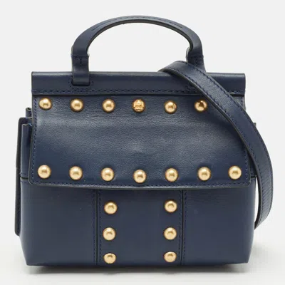 Pre-owned Tory Burch Navy Blue Leather Mini Block-t Studded Top Handle Bag