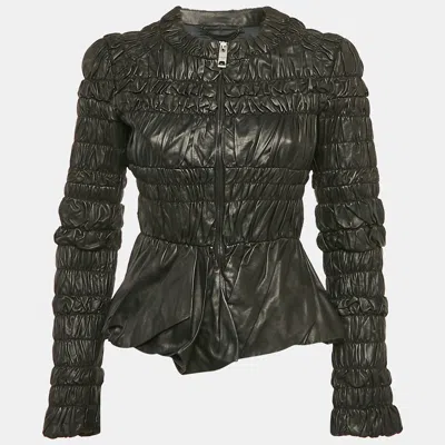 Pre-owned Burberry Black Leather Ruched Zip-up Jacket S