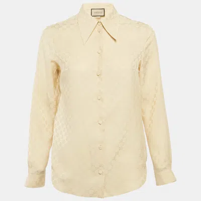 Pre-owned Gucci Beige Gg Silk Crepe Button Front Shirt Xs