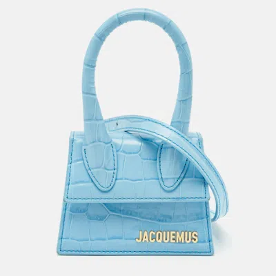 Pre-owned Jacquemus Light Blue Croc Embossed Leather Mini Le Chiquito Top Handle Bag