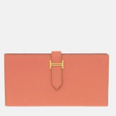 Pre-owned Hermes Bearn Soufflet Taurillon Clemence Rose Tea Pink Long Wallet
