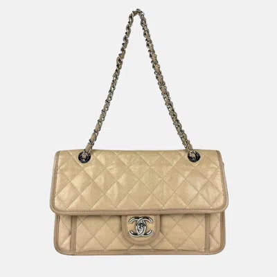 Pre-owned Chanel Shoulder Bag Caviar Skin Leather Beige Silver