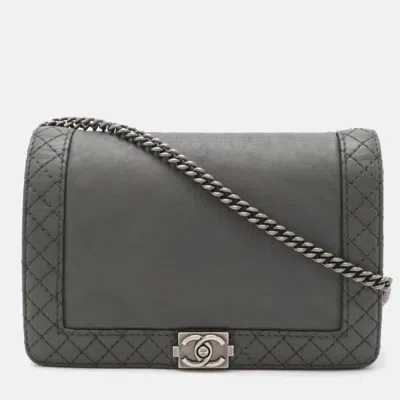 Pre-owned Chanel Coco Mark Chain Wallet Shoulder Bag Pochette Quilted Leather Grey In Gray