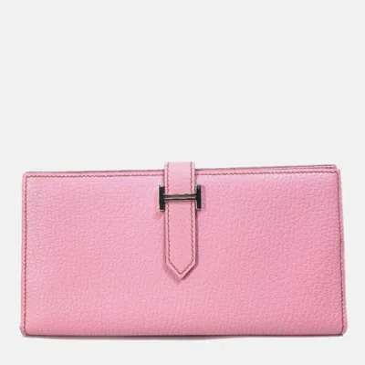 Pre-owned Hermes Long Leather Pink H Hardware Two Fold Wallet