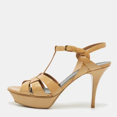 Pre-owned Saint Laurent Beige Patent Leather Tribute Ankle Strap Sandals Size 41.5