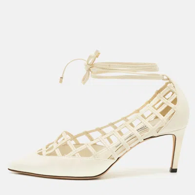 Pre-owned Jimmy Choo White Leather Soraya Ankle Wrap Pumps Size 38