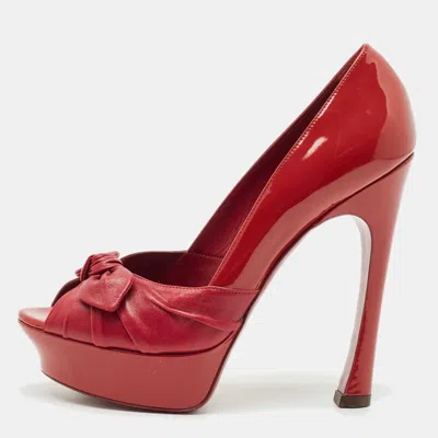 Pre-owned Saint Laurent Red Patent And Leather Palais Bow Peep Toe Pumps Size 39.5