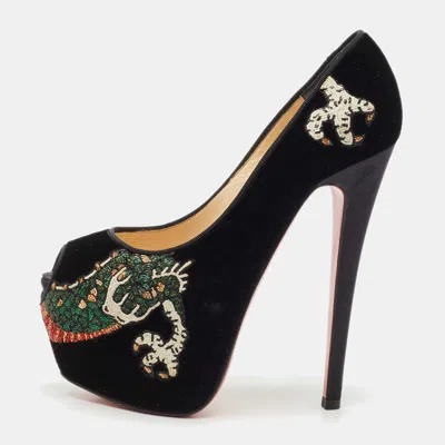Pre-owned Christian Louboutin Black Velvet Highness Dragon Tattoo Platform Pumps Size 35.5