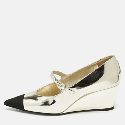 Pre-owned Chanel Gold/black Canvas And Leather Mary Jane Wedge Pumps Size 39