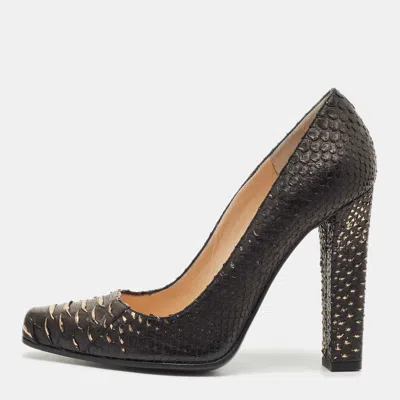 Pre-owned Roberto Cavalli Dark Brown/gold Watersnake Leather Block Heel Pumps Size 38.5