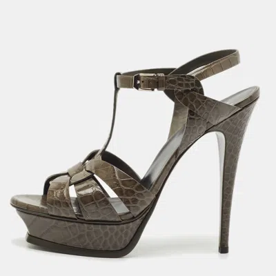 Pre-owned Saint Laurent Grey Croc Embossed Leather Tribute Platform Sandals Size 41