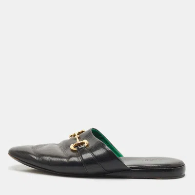 Pre-owned Gucci Black Leather Horsebit Flat Slides Size 41