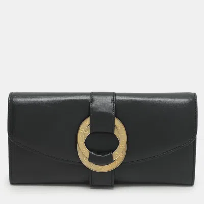 Pre-owned Bvlgari Black Leather Double Ring Flap Continental Wallet