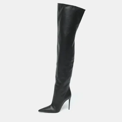 Pre-owned Dolce & Gabbana Black Leather Over Knee Boots With Garter Belt Size 39