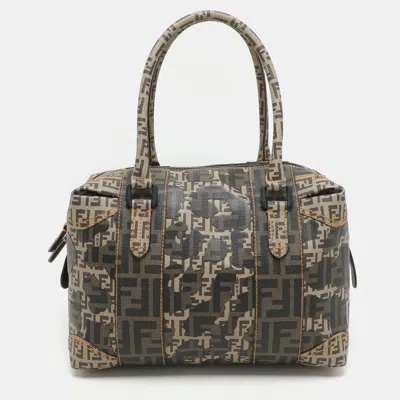 Pre-owned Fendi Brown Zucca Camo Patchwork Coated Canvas Boston Bag