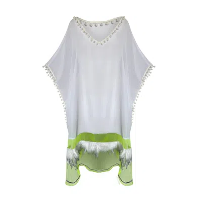 Toma Women's White / Silver Ibiza Neon White And Silver Feathers One Size Party Tunic