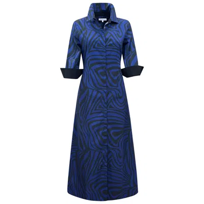 Perlavera Women's Black / Blue Claire Retro Indigo Printed Cotton, Slim, Three Quarter Maxi Dress