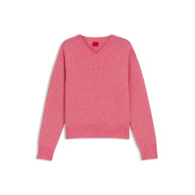 Hugo Boss V-neck Sweater In Wool With Logo Detail In Pink