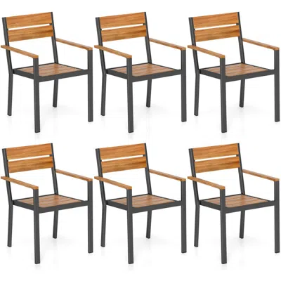 Hivvago Outside Patio Dining Chair Set Of 6 With Acacia Armrest For Backyard Garden In Brown