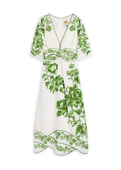 Farm Rio Blue Yard Linen-blend Midi Dress