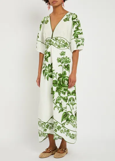 Farm Rio Blue Yard Linen-blend Midi Dress