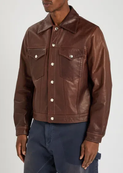 Second / Layer Second Layer Leather Trucker Jacket In Brown