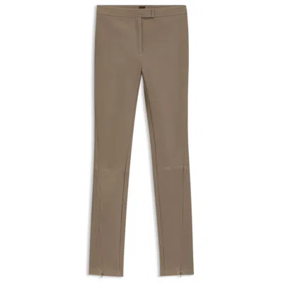 Hugo Boss Leather Leggings With Logo-hook Closure In Brown
