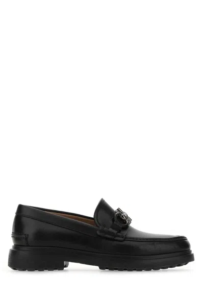 Ferragamo Black Leather Loafers In Black
