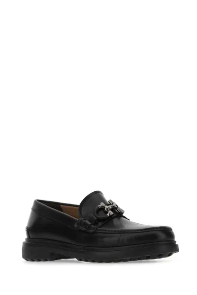 Ferragamo Black Leather Loafers In Black