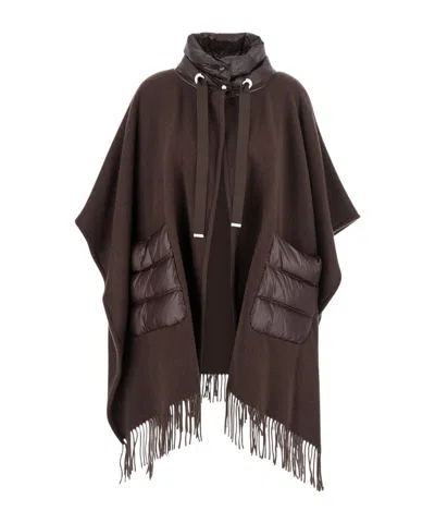 Herno Brown Cape With Drawstring Collar And Fringed Hem In Tech Fabric Woman In Brown