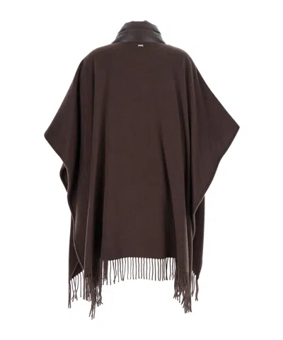Herno Brown Cape With Drawstring Collar And Fringed Hem In Tech Fabric Woman In Brown