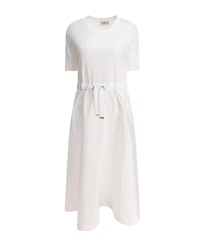 Herno White Crewneck Long Dress With Front Knot In Tech Fabric Woman In Gray