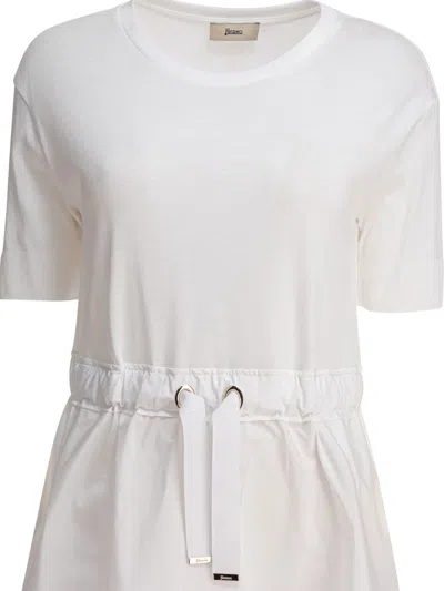 Herno White Crewneck Long Dress With Front Knot In Tech Fabric Woman In Gray