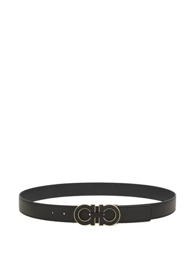 Ferragamo Reversible And Adjustable Double Gancini Belt In Black