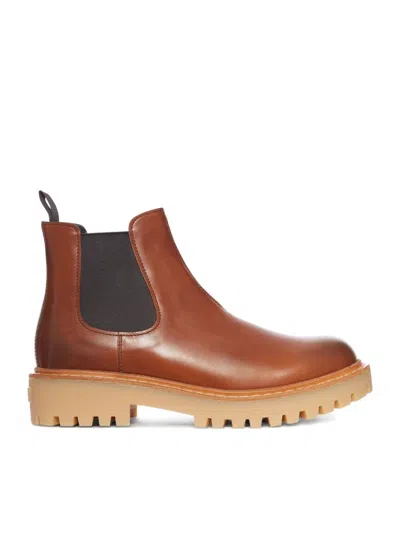 Prada Brown Leather Boots With Elastic Side Panels And Durable Sole In Brown