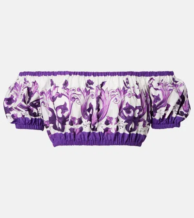 Dolce & Gabbana Violet Off-shoulder Cropped Top With All-over Floral Print In Cotton Woman In Multi