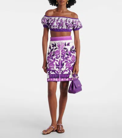 Dolce & Gabbana Violet Off-shoulder Cropped Top With All-over Floral Print In Cotton Woman In Multi