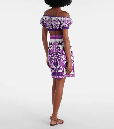 Dolce & Gabbana Violet Off-shoulder Cropped Top With All-over Floral Print In Cotton Woman In Multi