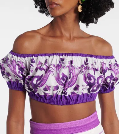 Dolce & Gabbana Violet Off-shoulder Cropped Top With All-over Floral Print In Cotton Woman In Multi