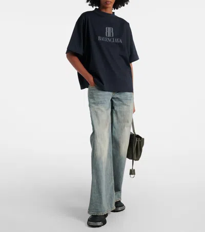 Balenciaga Faded Black T-shirt With Central Print And Wide Fit.