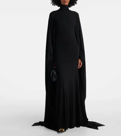 Balenciaga Caped Turtleneck Jersey Gown In Black