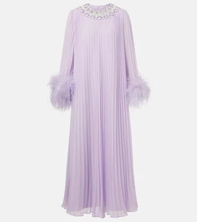 Self-portrait Feather-trimmed Plisse Chiffon Midi Dress In Pink
