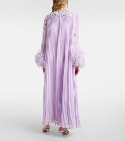 Self-portrait Feather-trimmed Plisse Chiffon Midi Dress In Pink