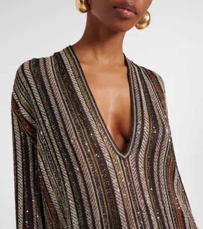 Missoni Long Dress With V-neck And Herringbone Stripe Knit In Multi