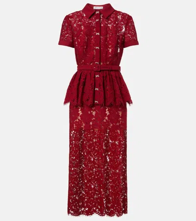 Self-portrait Bordeaux Lace Peplum Midi Dress In Burgundy