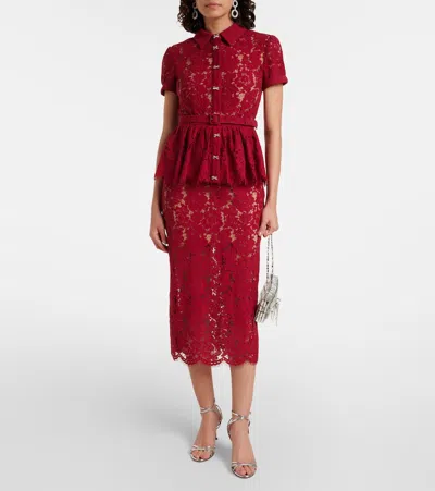 Self-portrait Bordeaux Lace Peplum Midi Dress In Burgundy