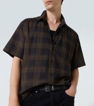 Saint Laurent Tartan Checked Cotton Voile Shirt In Gray