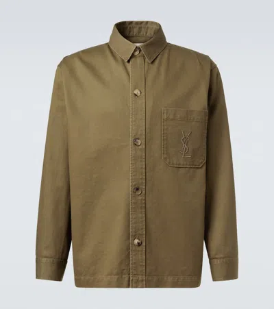 Saint Laurent Green Shirt With Classic Collar And Cassandre Embroidery On The Front In Cotton Man
