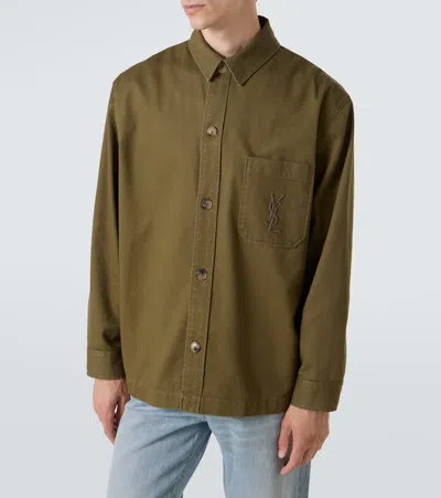 Saint Laurent Green Shirt With Classic Collar And Cassandre Embroidery On The Front In Cotton Man